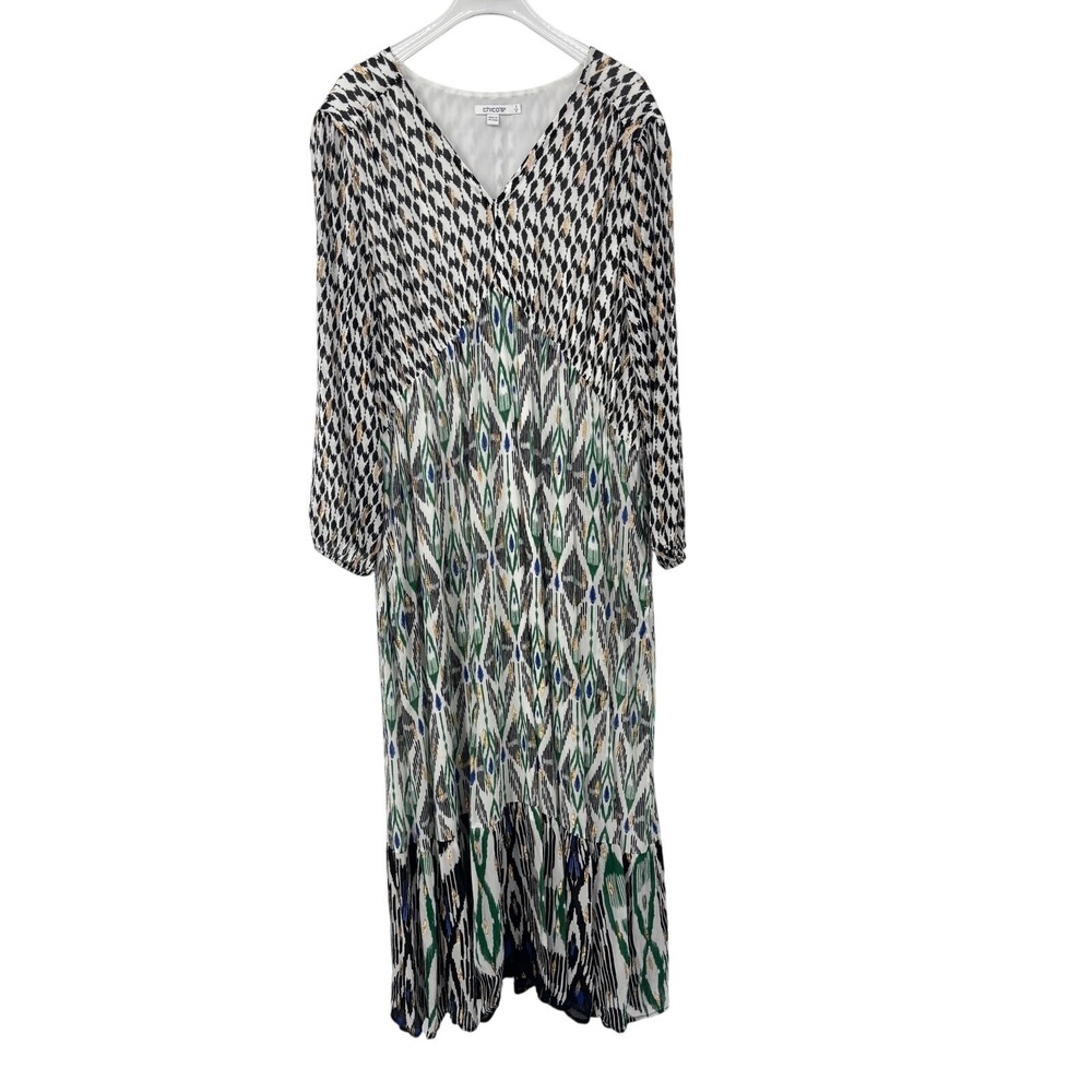 Chico's Maxi Dress Metallic Womens 3X Plus Aztec Midi Long Sleeve V-Neck